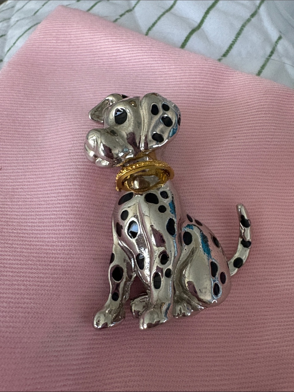Silver Dalmatian Dog Brooch pin with Gold Collar